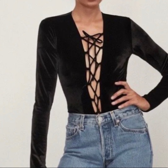 Reformation Avalon Velvet LaceUp Bodysuit